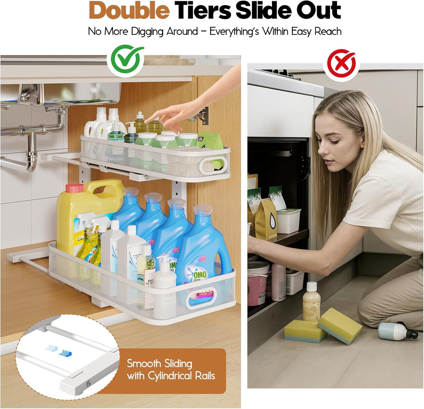 2 Pack Under Sink Organizer With Smooth Cylindrical Rail,2-Tier Pull Out Multi-Purpose Cabinet Storage for Bathroom&Kitchen,Height Adjustable,Rust-resistant Coating-White