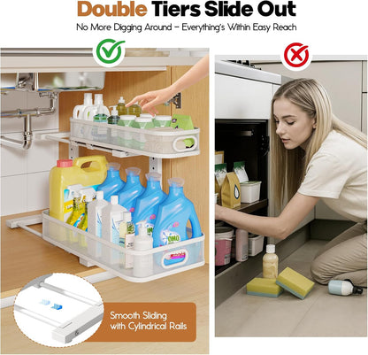 2 Pack Under Sink Organizer With Smooth Cylindrical Rail,2-Tier Pull Out Multi-Purpose Cabinet Storage for Bathroom&Kitchen,Height Adjustable,Rust-resistant Coating-White