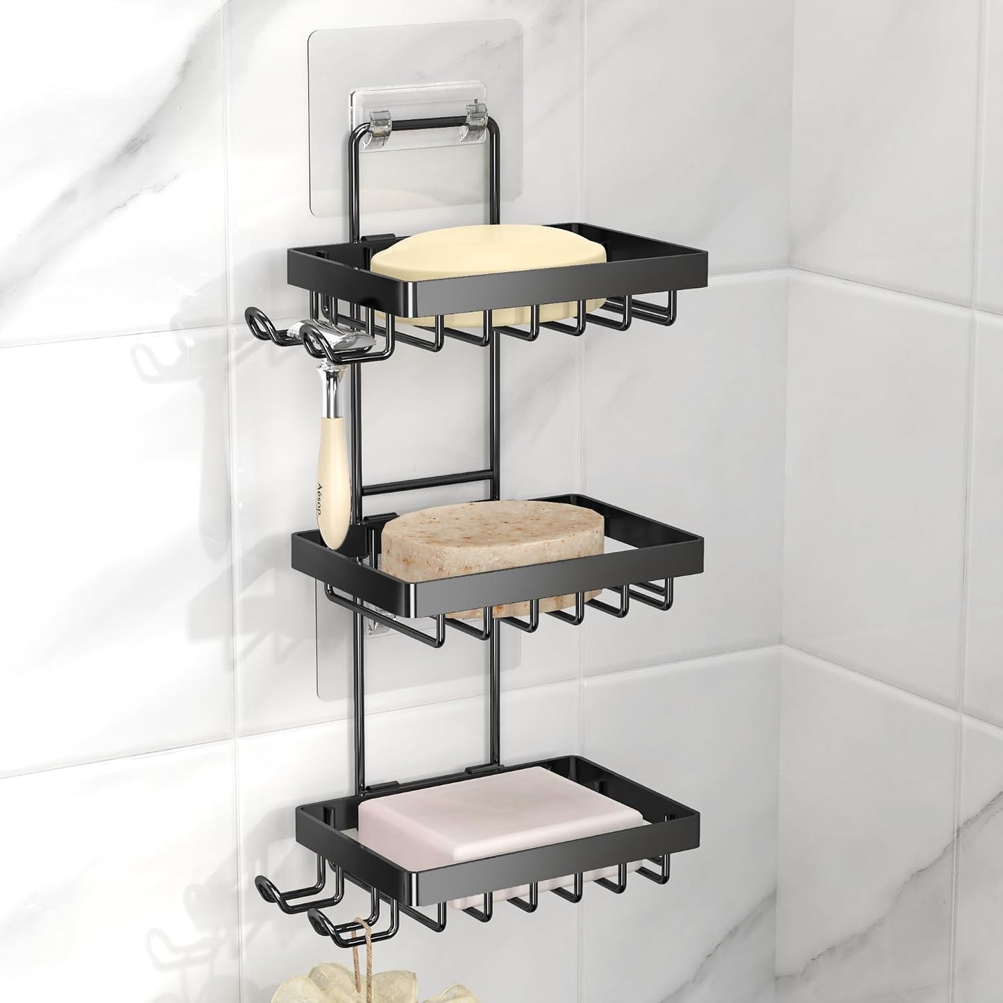Moforoco Double Soap Bar Holder for Shower, No Drilling, 304 Stainless Steel, Wall Mounted Soap Holder with 4 Hooks and Razor Holder, Shower Rack Soap Tray Bar Soap for Bathroom Accessories Organizer