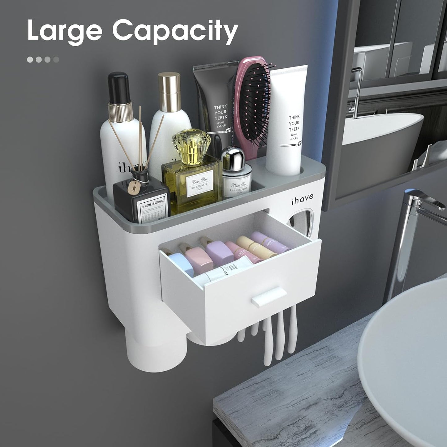 iHave Toothbrush Holders for Bathrooms, 2 Cups Toothbrush Holder Wall Mounted with Toothpaste Dispenser - Large Capacity Tray, Cosmetic Drawer - Tooth Brushing Holder & Bathroom Accessories