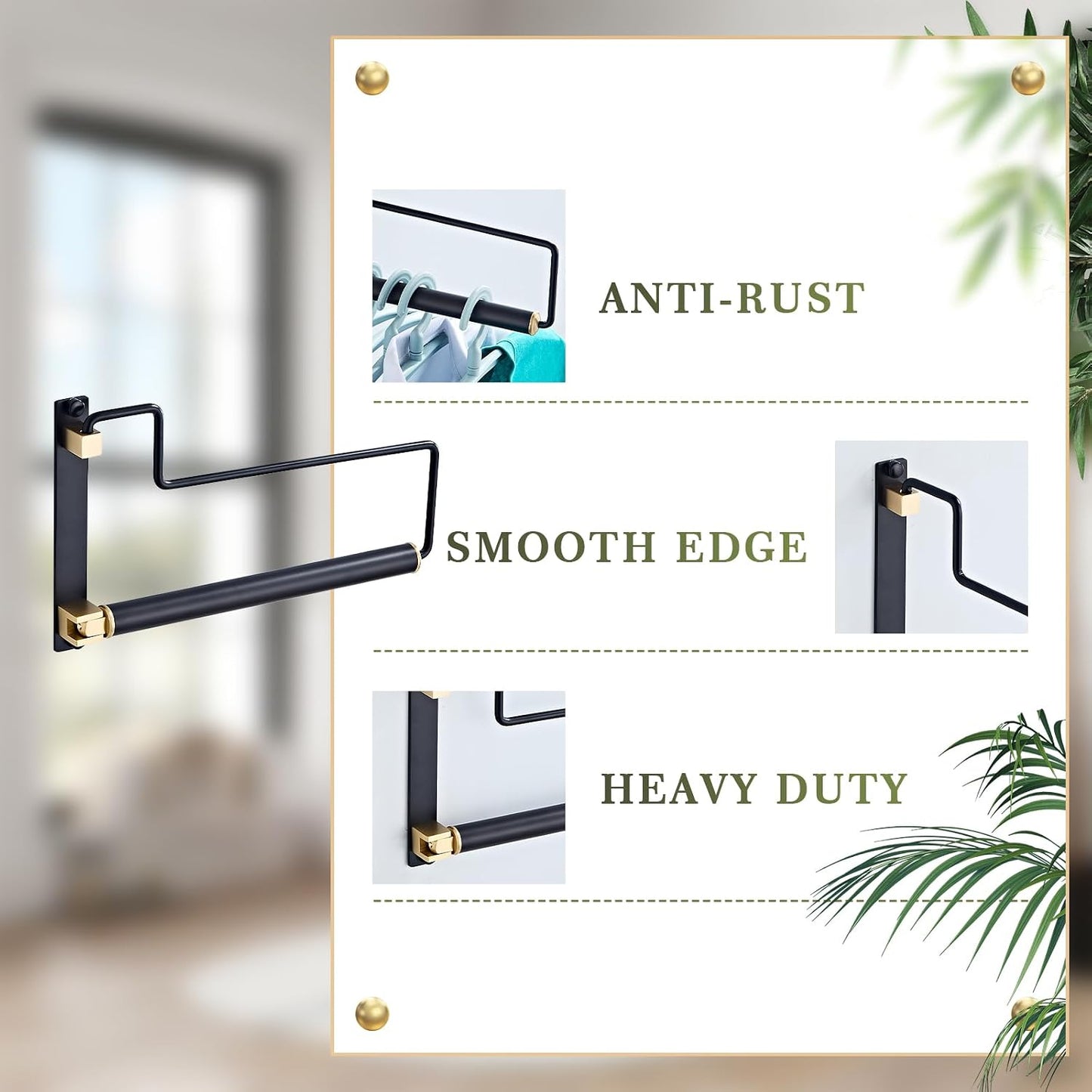 NEWRAIN Folding Wall Mounted Clothes Hanger Rack Clothes Hook Solid Brass with Swing Arm Holder Clothing Hanging System Closet Storage Organizer Heavy Duty Drying Rack Wall Mount,Brushed Gold