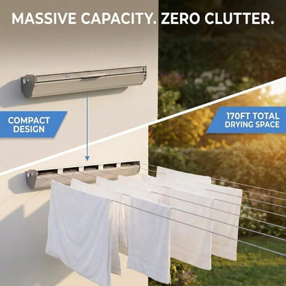 Household Essentials Steel and Aluminum 5‑Line Retractable Wall‑Mounted Dryer Slim Space‑Saving Laundry Rack, White Finish