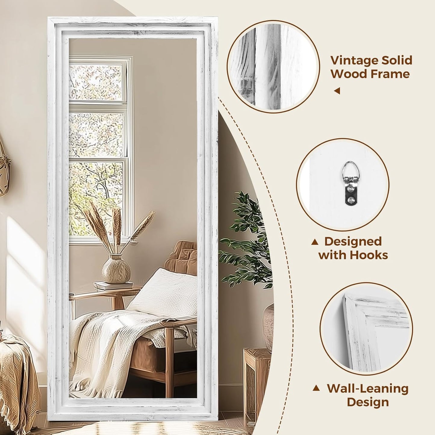 65"x22" Full Length Mirror Solid Wood Frame Floor Mirror with Stand for Living Room, Bedroom Hanging Standing or Leaning, Brown