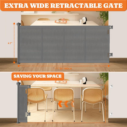 Pawtners Retractable Baby Gates Extra Wide, 41" Tall Extends up to 71" Wide, Dog Gate Indoor for Stairs, Pet Gate with Support Rods for Doorways Hallways Indoor & Outdoor-Black