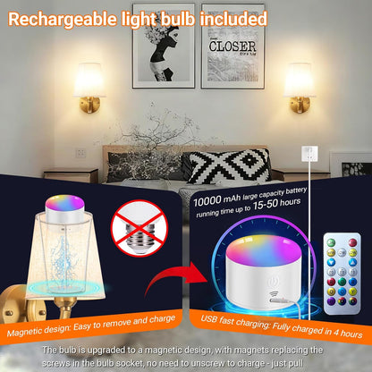 Wall Sconce Battery Operated Wall Light Fixure with Remote Control, Dimmable Battery Operated Wall Sconces Set Of Two, Indoor Wireless Wall Mounted Lamp with Rechargable Bulb For Bedroom Living Room (