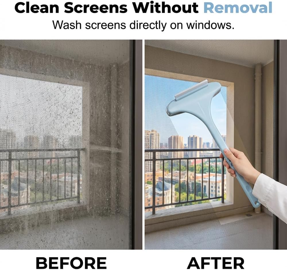 Window Screen Cleaning Brush, 2026 Upgraded 2 in 1 Mesh Cleaner Brush, Window Screen Cleaner Tool with Squeegee, Multifunctional Screen Brush, Double Sided Wet & Dry Dual Use (Yellow Green)