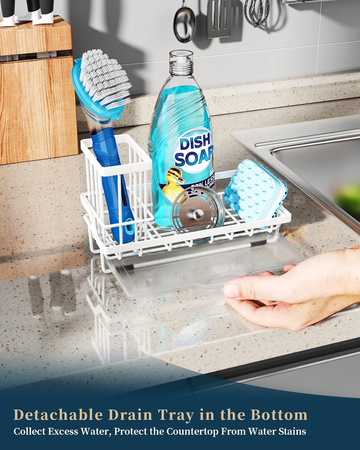 Consumest Sponge Holder for Kitchen Sink - Kitchen Sink Caddy Organizer with Removable Drip Tray for Countertop Dish Soap Dispenser Brush Storage Accessories 304 Stainless Steel - Black