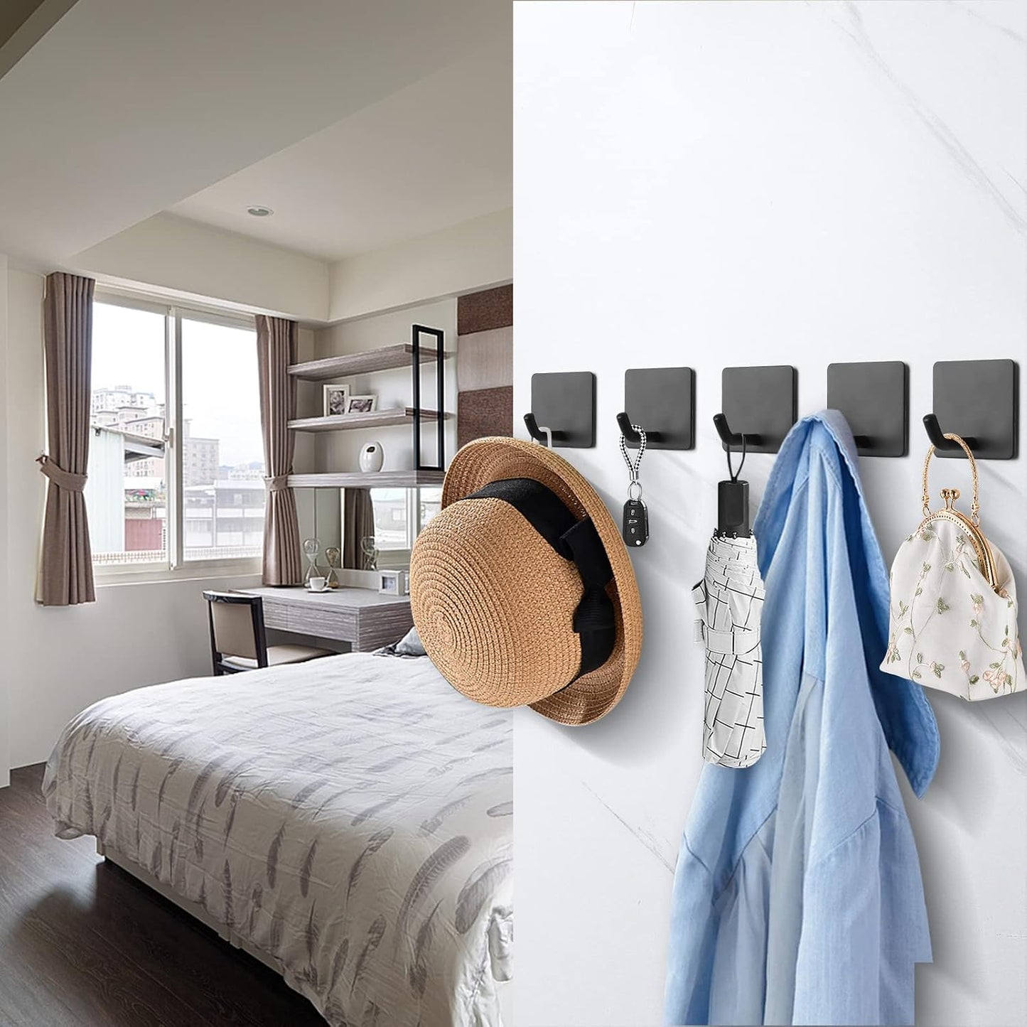 NearMoon Adhesive Hooks- Heavy Duty Bath Wall Hooks Waterproof Stainless Steel Towel Hangers Stick on Wall Clothes Holders for Bathroom Kitchen Home, 5 Pack (Brushed Nickel)