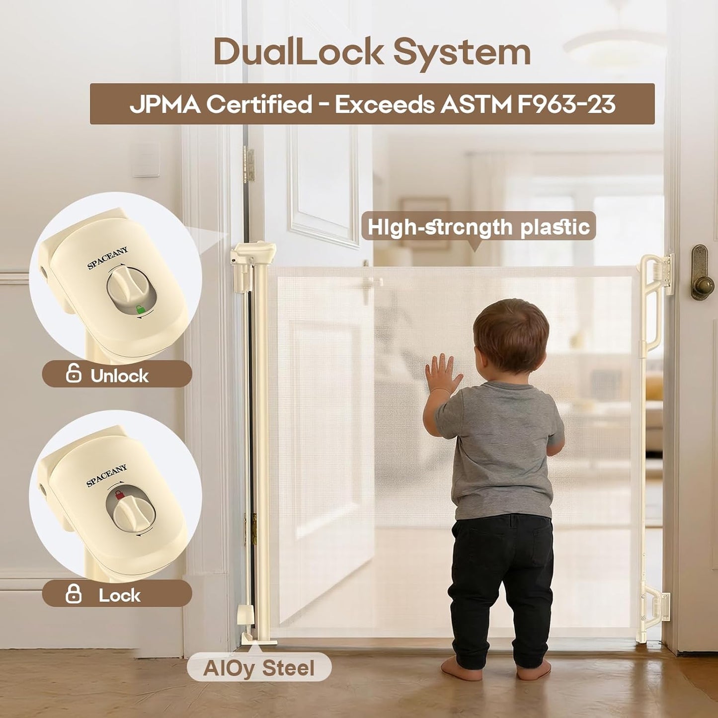 SPACEANY Retractable Safety Baby Gate or Mesh Dog Gate,Durable Portable Mesh Retractable Gate,Easy to Use for Stairs, Doorways, Hallways, Indoor, Outdoor, 33.5" Tall, Up to 45" Wide, Cream