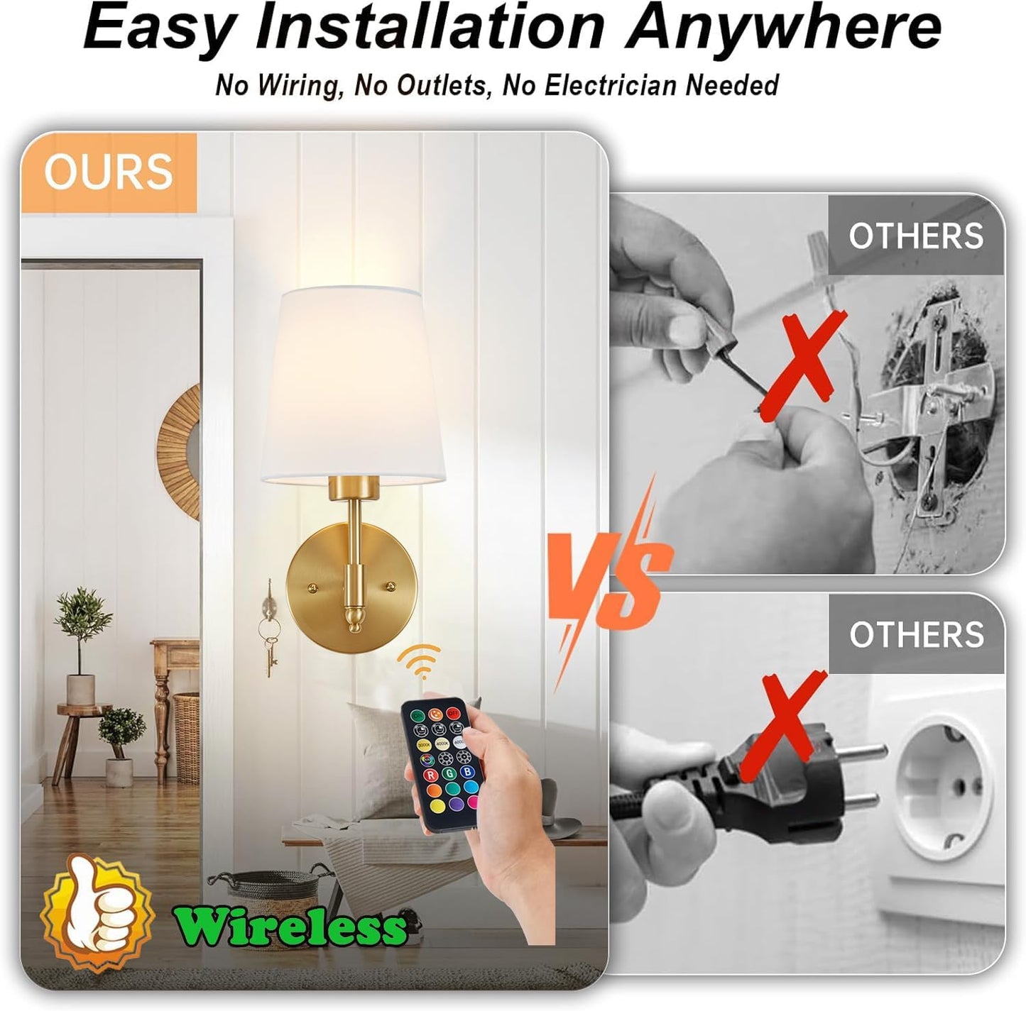 Battery Operated Wall Sconce Set of 2, Brushed Gold Rechargeable Wall Lights with Remote Control and Dimmable LED Bulbs, 13 Light Colors Wireless Wall Lamps for Bedroom Living Room Hallway (Gold)