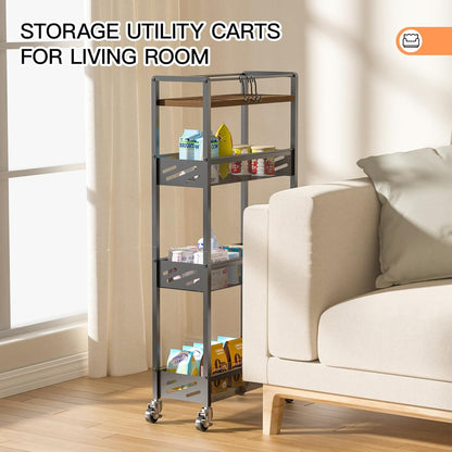 DGSNADGO Slim Rolling Storage Cart, 4-Tier Kitchen Cart on Wheels, Narrow Utility Cart with Handle and Wooden Tabletop for Small Space in Kitchen, Living Room, Bathroom, Laundry Room, Beige and White