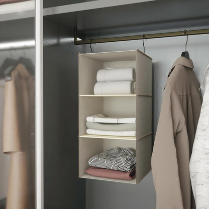 Hanging Closet Organizer 3-Shelf, Oxford Fabric Wardrobe Storage, Gray | Easy-mount foldable design holds clothes, handbags, shoes & accessories; washable Oxford fabric, sturdy and space-saving.
