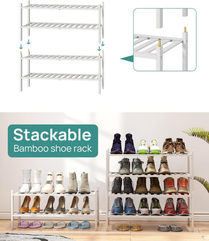 viewcare 3-Tier Black Bamboo Shoe Rack for Entryway, Stackable | Foldable | Natural, Shoe Shelf Storage Organizer for Hallway Closet, Free Standing Shoe Racks for Indoor Outdoor