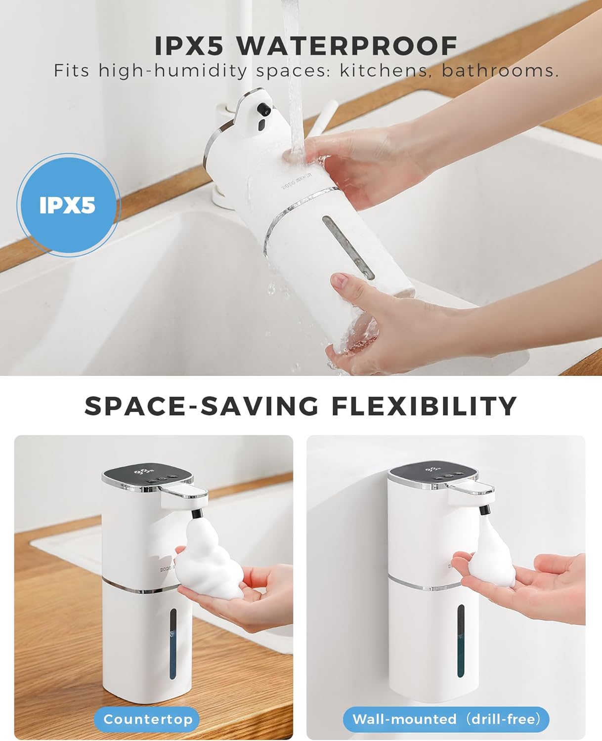 Automatic Foaming Soap Dispenser Touchless, USB Rechargeable Smart Hand Soap Dispenser, 9-Level Adjustable, 13.5oz/400mL,IPX5 Waterproof, Wall/Tabletop Kitchen Bathroom, Black
