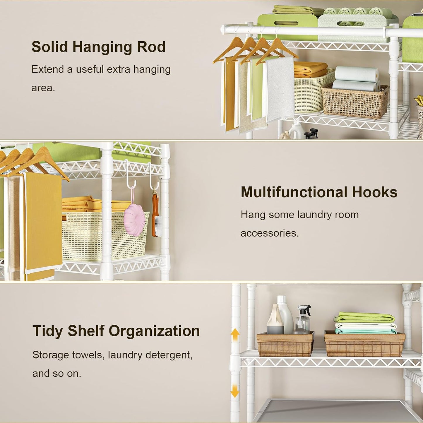 Ulif U13 Medium Over Washer and Dryer Storage Shelves, 6 Tiers Laundry Room Standing Shelf with 2 Hanger Rods, Space Saver Clothes Drying Rack, 57.8" W x 22" D x 77.4" H, Black