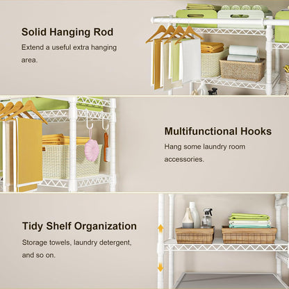 Ulif U13 Medium Over Washer and Dryer Storage Shelves, 6 Tiers Laundry Room Standing Shelf with 2 Hanger Rods, Space Saver Clothes Drying Rack, 57.8" W x 22" D x 77.4" H, Black
