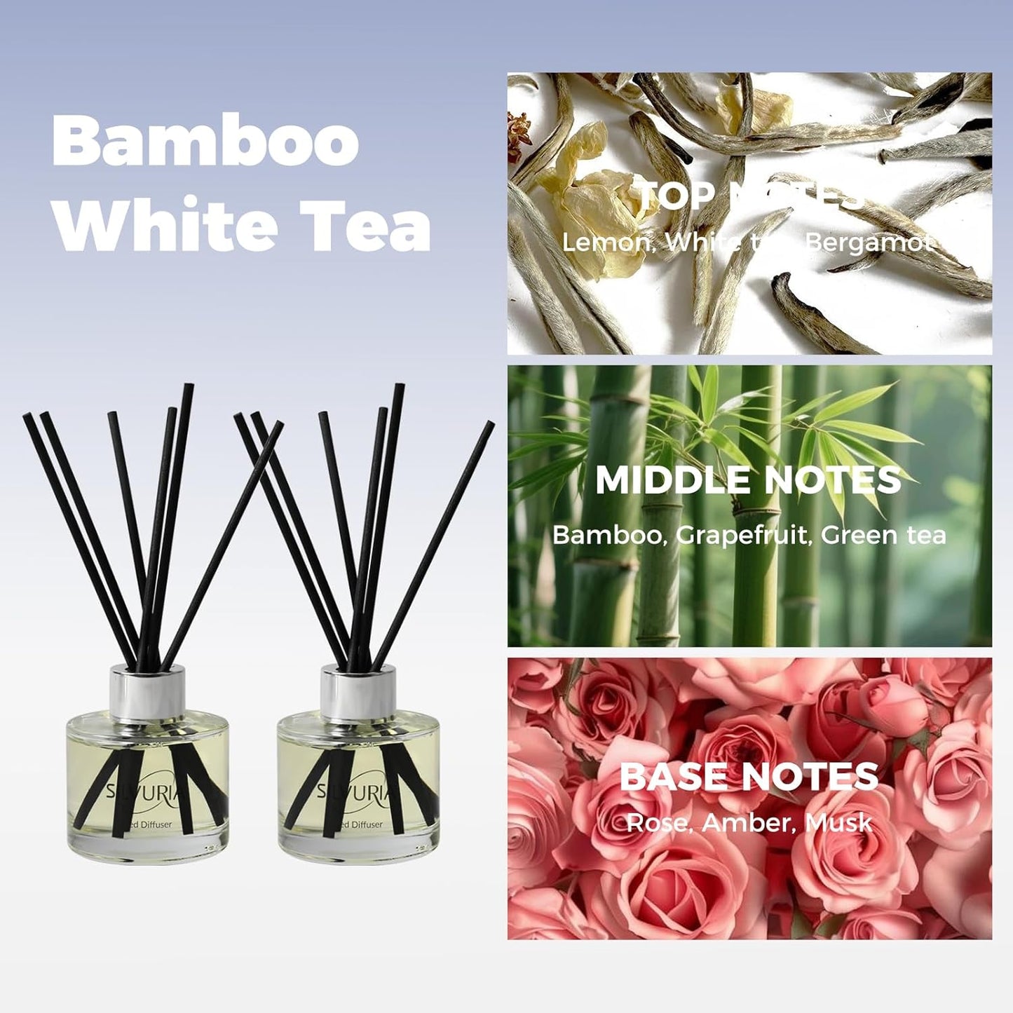 Reed Diffuser Set,Bamboo White Tea Scented Oil Diffuser with 12 Reed Sticks,3.38 fl.oz(100ml x2),Long-Lasting Home Fragrance for Living Room,Bedroom,Bathroom