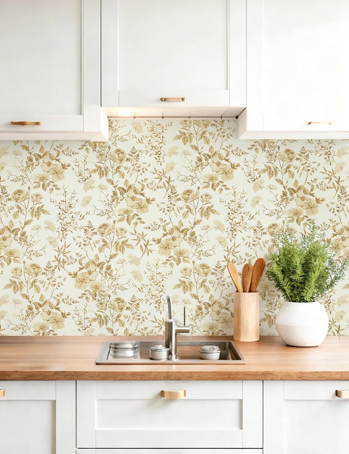 Erfoni 16.9" x118" Boho Floral Peel and Stick Wallpaper Beige Flower and Leaf Contact Paper Self Adhsive Removable Wallpaper Boho Botanical Wall Paper for Bedroom Cabinets Decor Vinyl Roll Waterproof