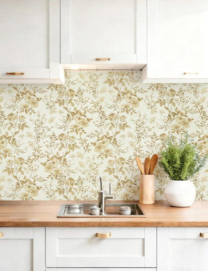 Erfoni 16.9" x118" Boho Floral Peel and Stick Wallpaper Beige Flower and Leaf Contact Paper Self Adhsive Removable Wallpaper Boho Botanical Wall Paper for Bedroom Cabinets Decor Vinyl Roll Waterproof