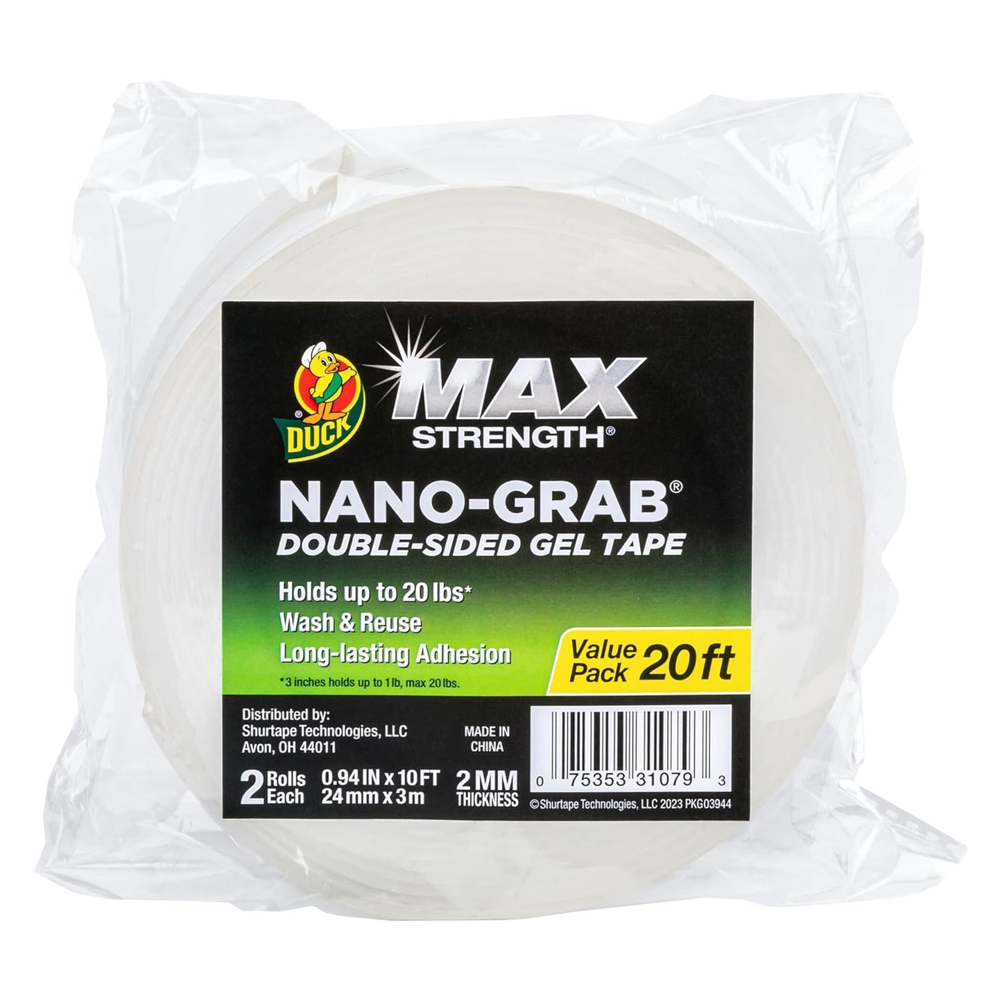 Duck Max Strength Double-Sided Gel Tape with Nano-Grab Technology, Heavy Duty, Multi-Purpose & Removable Adhesive, 0.94 in. x 20 ft, Clear, 2 Rolls