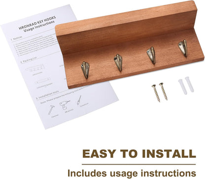 HRONRAD Rustic Key Holder for Wall, Farmhouse Wall Shelf with 4 Hooks, Wall Mounted Key Racks, Wooden Mail Organizer with Hooks for Entryway (Brown)