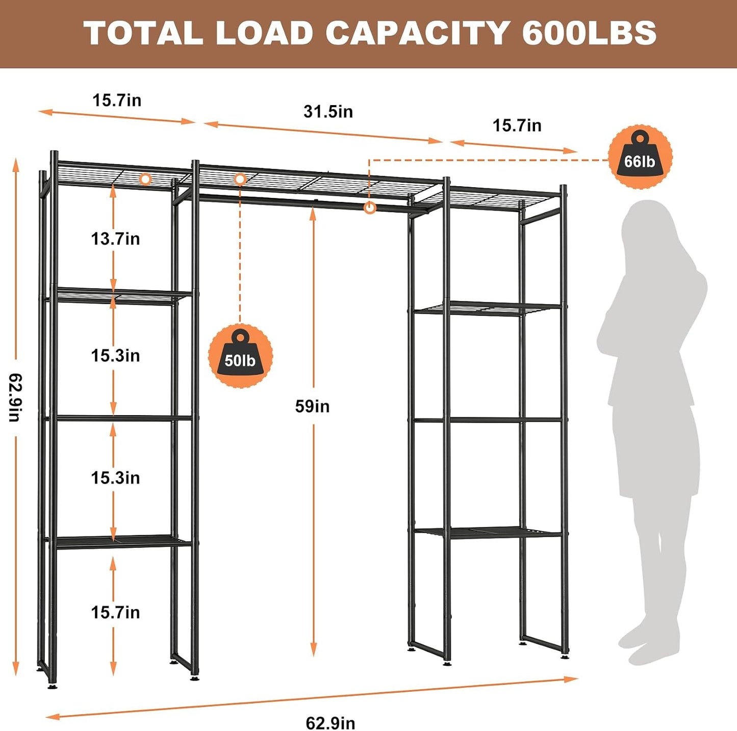 Neprock Wardrobe Closet, Portable Clothing Rack for Hanging Clothes, Free Standing Closet Organizers and Storage System with 4 Tiers Shelves for Cloakroom Bedroom,Black