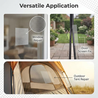 Window Screen Repair Tape 2 in x 16 Ft Grey, Easy Cut Strong Adhesive Waterproof Mesh Patch Kit for Door Tears, Holes Tents