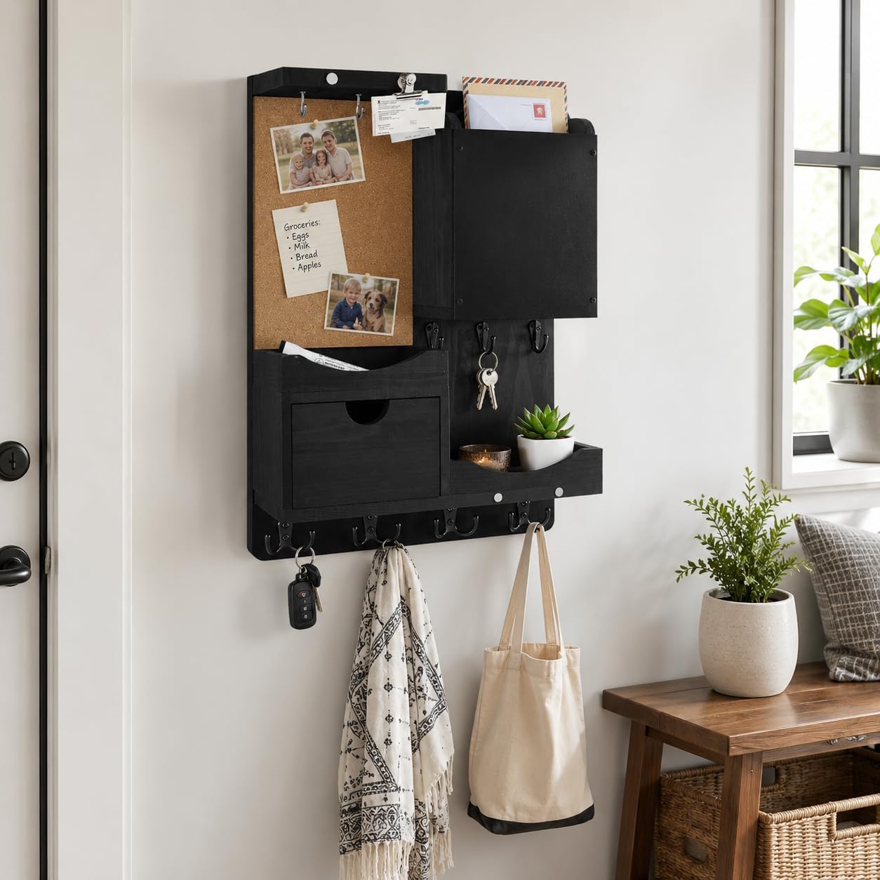 Key Holder for Wall Mount with Shelf and Mail Organizer, Key and Mail Holder with 16 Hooks, Farmhouse Entryway Organizer, Home Decor Rack (Pine Wood, Black)
