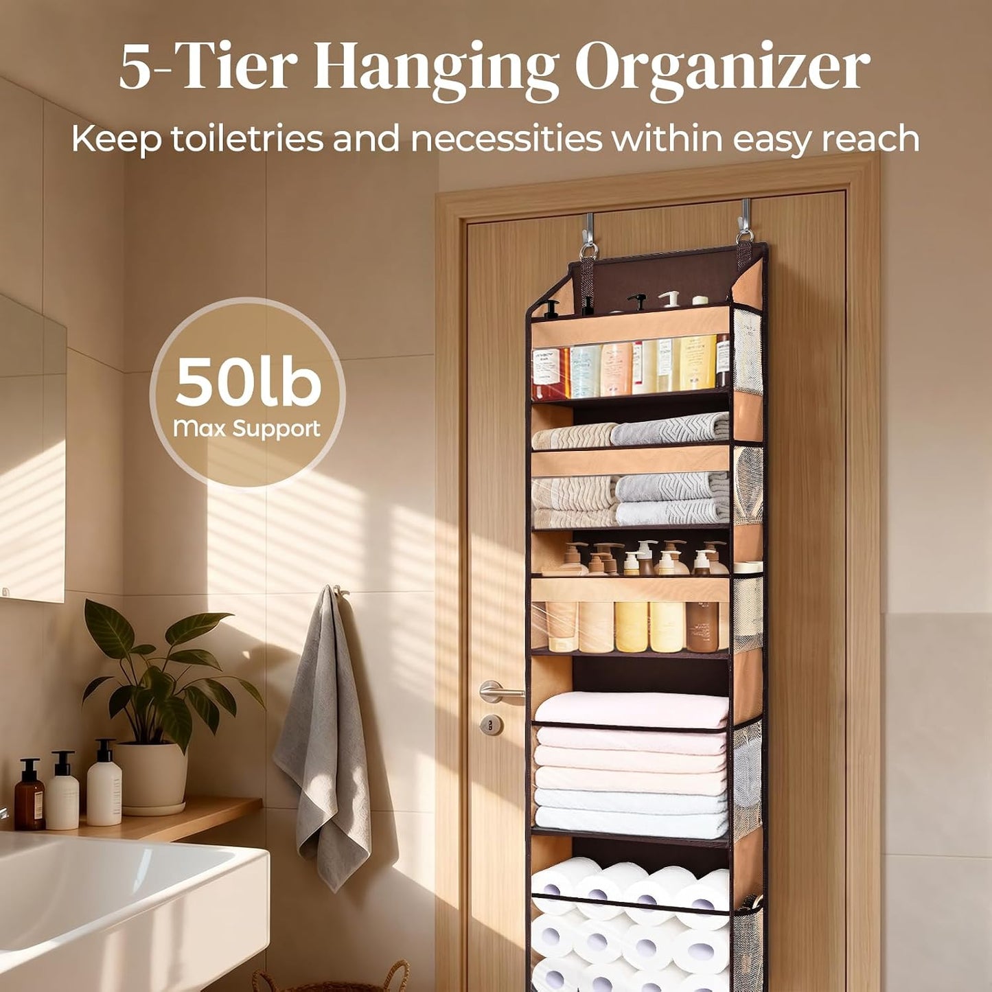 5 Tiers Over the Door Organizer with 10 Mesh Side Pockets, 44 lbs Weight Capacity Closet Hanging Storage Organizer with Large Clear Window Kids Toys, Shoes, Diapers, Beige