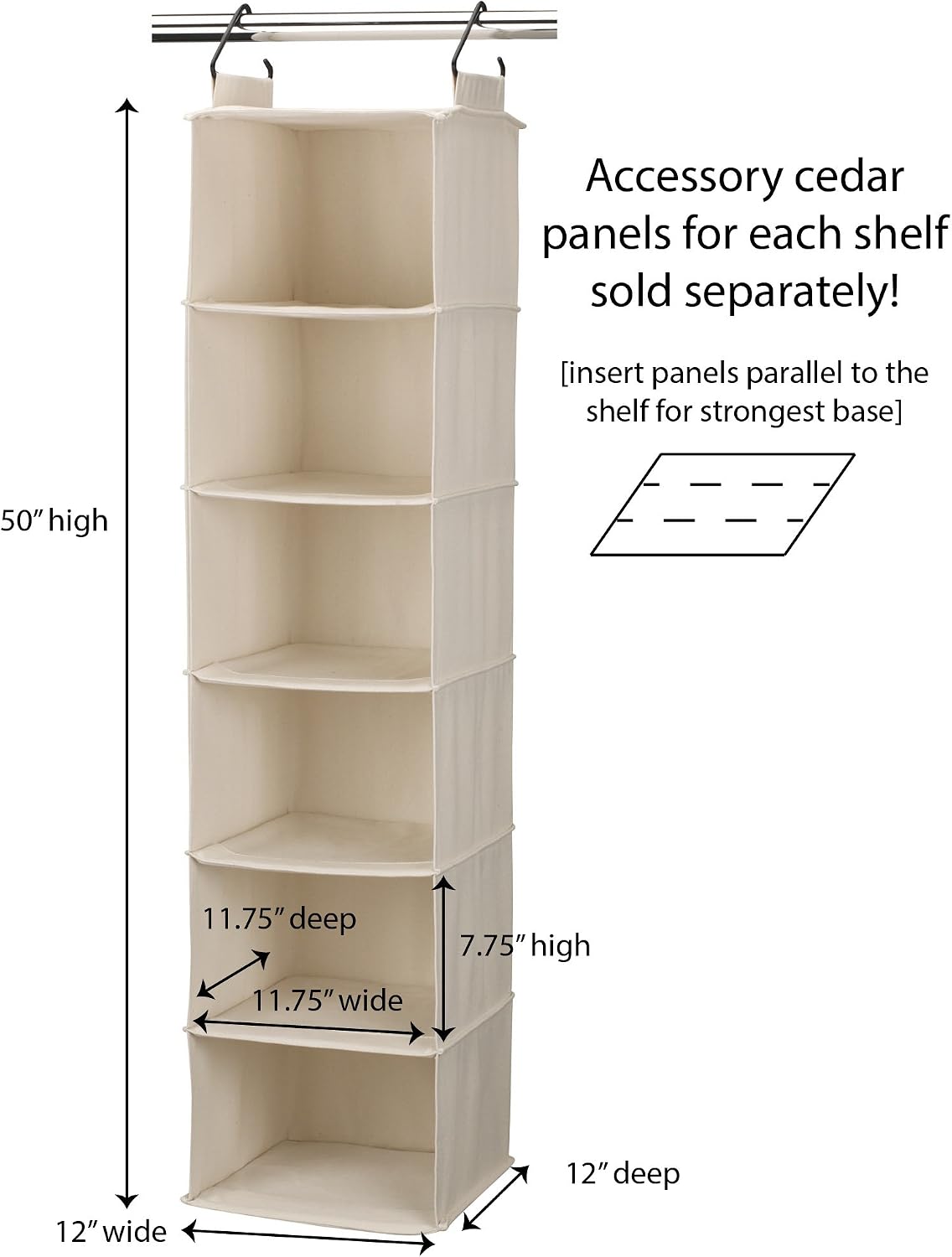 Household Essentials Cedarline 6‑Shelf Hanging Closet Organizer in Heavy‑Duty Cotton Canvas, Cream