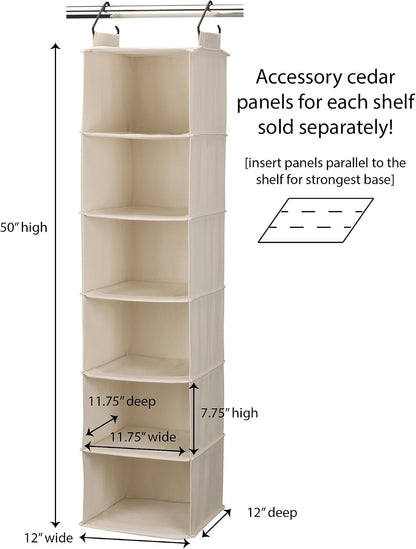 Household Essentials Cedarline 6‑Shelf Hanging Closet Organizer in Heavy‑Duty Cotton Canvas, Cream