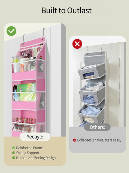 Yecaye 5 Tier Over the Door Organizer, Swing-proof Door Organizer Hanging with Clear PVC Windows, Behind the Door Storage for Bedroom Nursery Closet Laundry Pantry Bathroom, Grey