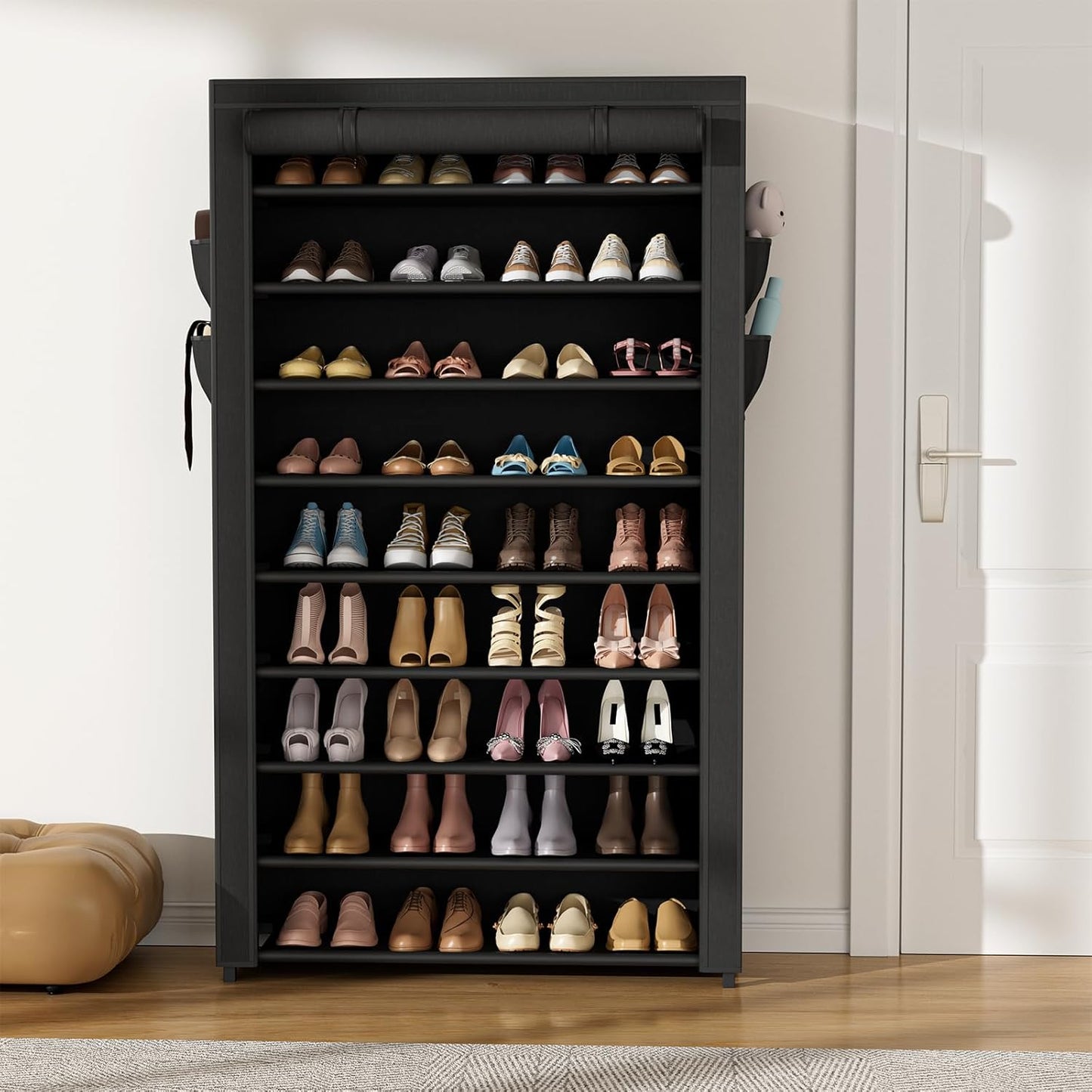 VILICK Shoe Rack with Cover Narrow Shoe Organizer with 4 Side Pockets 10 Tier Tall Shoe Storage Holds 18-22 Pairs Shoes and Boots Shoe Rack for Closet Entryway Garage