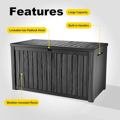 ROJIK 340 Gallon Deck Box Outdoor Waterproof,Weatherproof Outdoor Storage Boxes Lockable with Lid,Outside Resin Storage Bench for Patio Cushions,Garden Tools and Pool Accessories(Black)