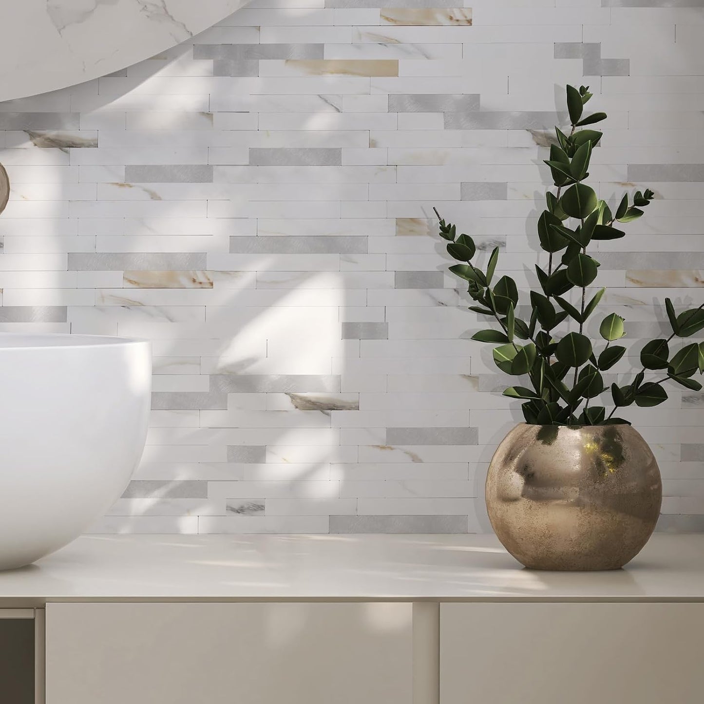 Yipscazo 2026 New Upgrade 11.34" X 11.57" Peel and Stick Backsplash, Stick on Backsplash Tiles for Kitchen, Bathroom, Fireplace (10 Sheets, Beige Rocks + Rose Gold)