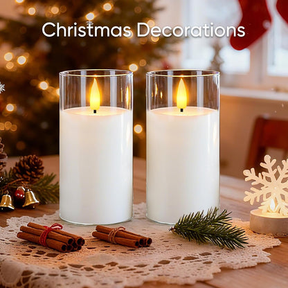 5plots Glass Battery Operated White Flameless Candles with Remote Timer, 3D Wick Real Wax Pillar Led Candles Warm Flickering Light for Indoor Home, Halloween, Christmas Decor, Set of 3, D3 x H4 5" 6"