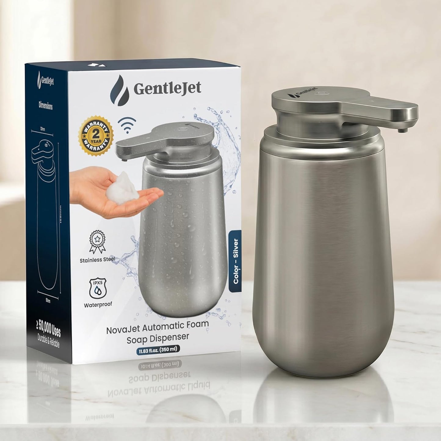 GentleJet NovaJet Automatic Foaming Soap Dispenser – Touchless Sensor, USB-C Rechargeable, 304 Stainless Steel, IPX5 Waterproof for Bathroom Kitchen Sink, 12 oz / 350 ml