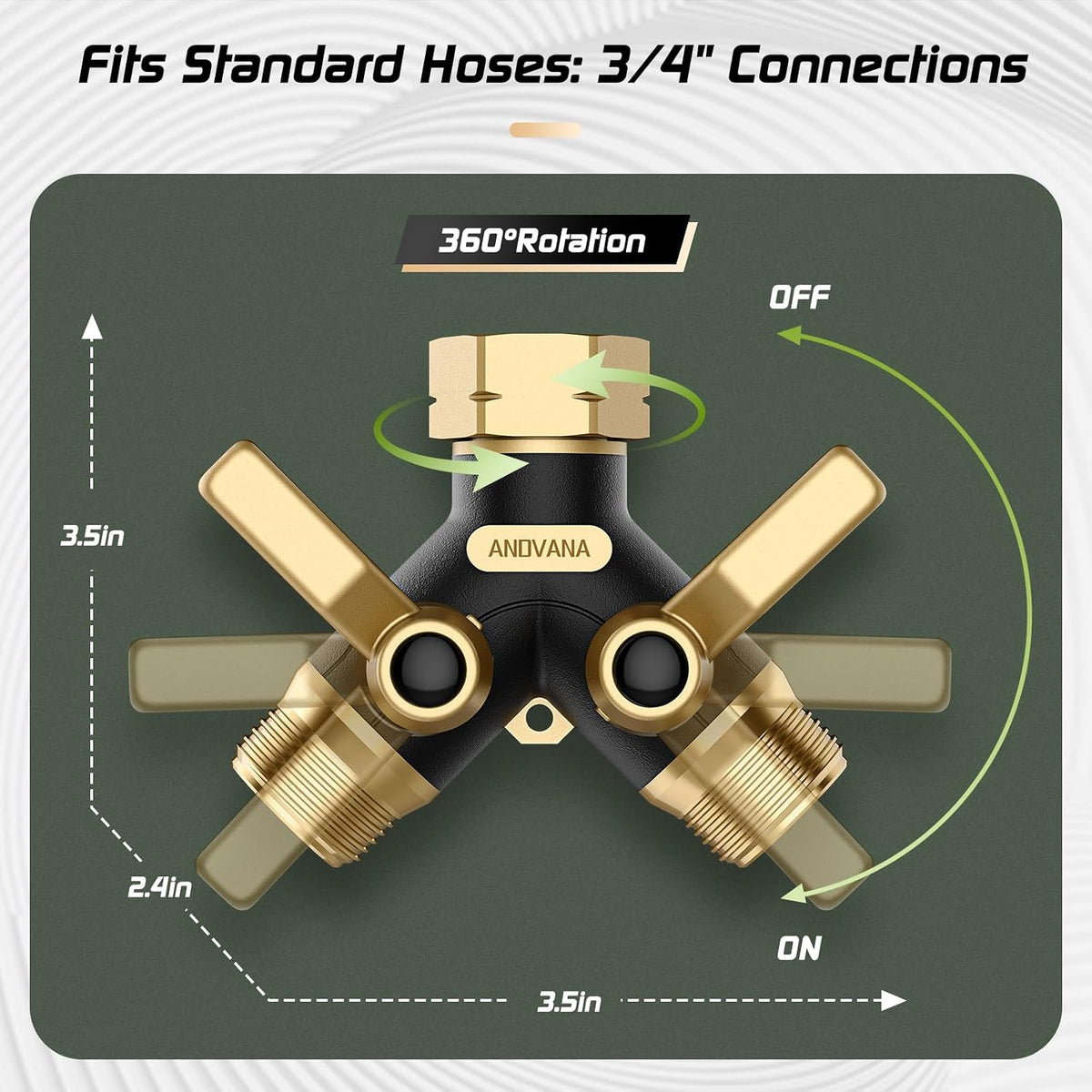 Hose Splitter 2 Way Heavy Duty, Garden Hose Splitter- Full Metal Body Y Type with Dual Shut Off Valves, 3/4" Standard Threads, Leak-Proof Dual Outlet Splitter for Sprinklers and Irrigation Systems