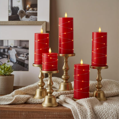 Raycare Flameless Candles with Remote Timer, Flickering Battery Operated LED Pillar Fake Candle with String Lights for Home Decor, Christmas, Wedding and Gift, White, Set of 3