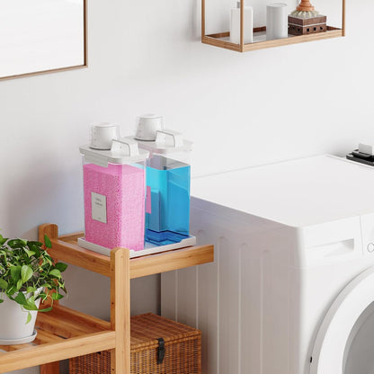 61OZ Laundry Detergent Dispenser Container, 2 Pack Liquid Laundry Dispenser, Plastic Detergent Dispensers for Laundry Powder/Fabric Softener with Tray 6 Labels, Clear