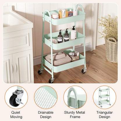 NEWBULIG 3-Tier Rolling Storage Cart, Metal Mobile Utility Organizer Shelf with Lockable Wheels, Space-Saving Freestanding Storage for Bathroom Living Room and Narrow Corner Spaces, Green