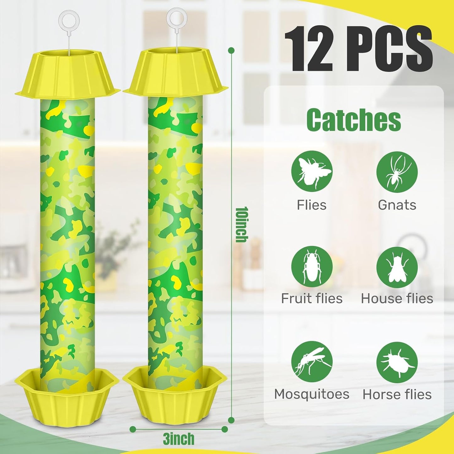 Qualirey 12 Pcs Sticky Fly Trap Fly Stick with Hanging Hook Adhesive Mosquito Catcher for Indoor Outdoor Trap Houseflies and Flying Insects Bee Wasp Moth Fly, 10.2 x 2.5 Inch