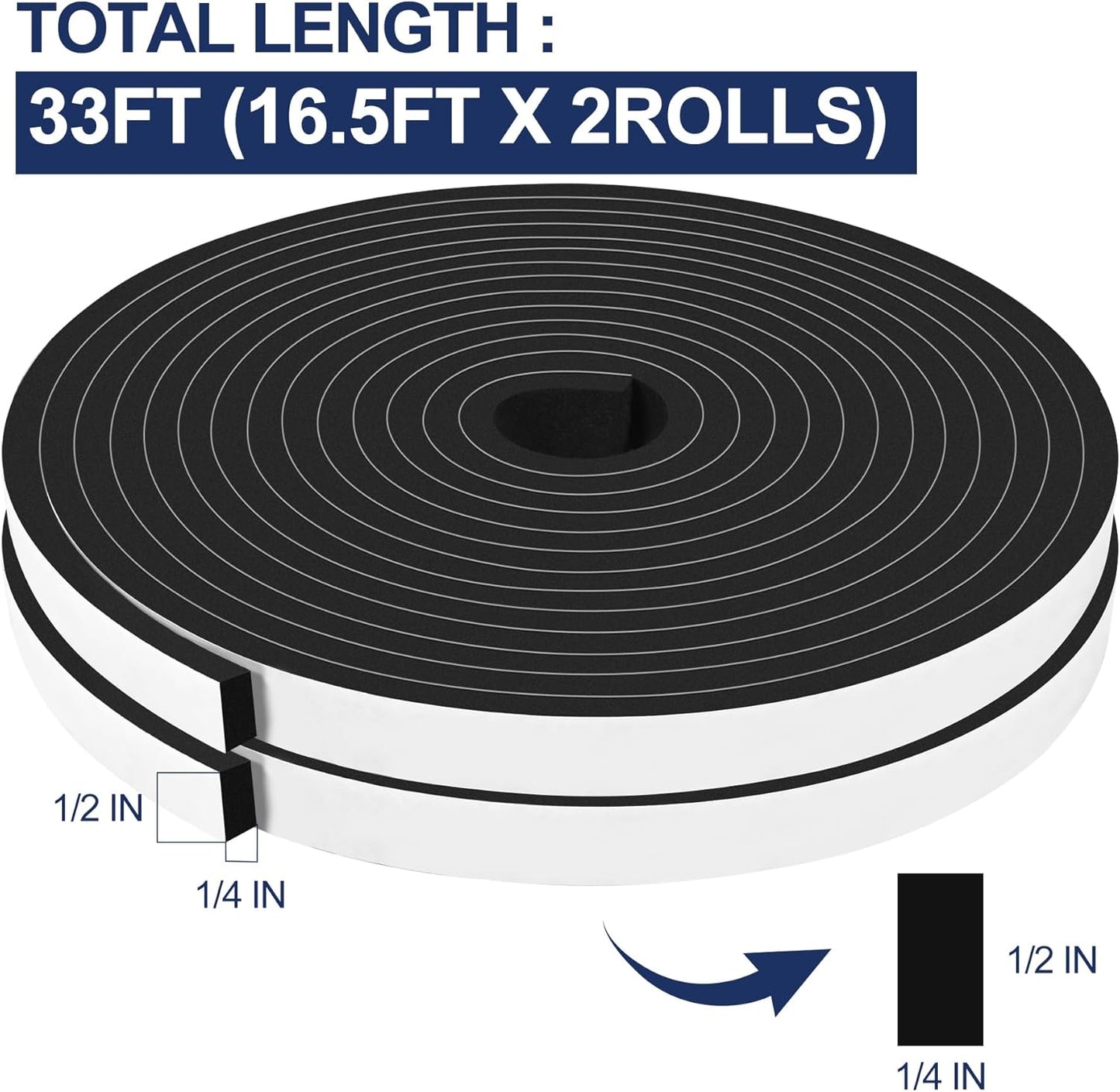 66Ft Foam Tapes Self Adhesive Foam Seal Strips 1/2In x 1/8In x 33.1Ft Each Roll Weatherstrips High Resilience Weather Stripping Door Seals for Door Soundproofing, Window Insulation (2R, White)