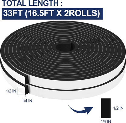 66Ft Foam Tapes Self Adhesive Foam Seal Strips 1/2In x 1/8In x 33.1Ft Each Roll Weatherstrips High Resilience Weather Stripping Door Seals for Door Soundproofing, Window Insulation (2R, White)