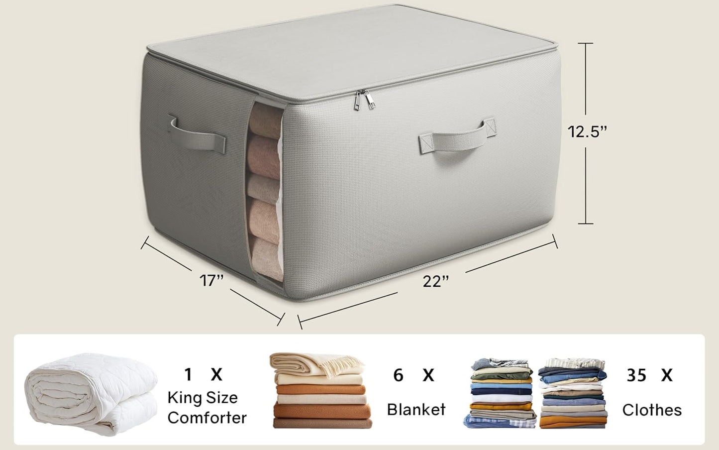 3-Pack Large Canvas Comforter Storage Bags for Clothes Sweater Clothes Organizer with Dual Zipper Three Carrying Handles for Blanket Closet Storage Container