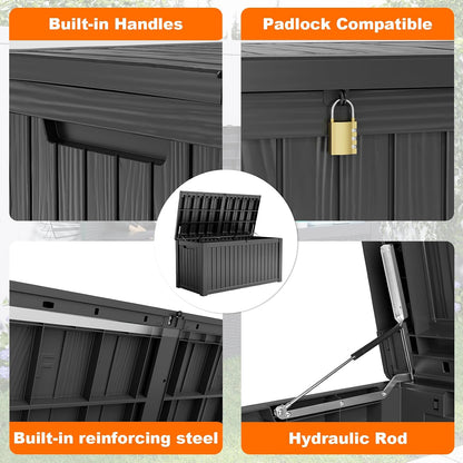 PatioZen 100 Gallon Resin Deck Box, Lockable Patio Outdoor Storage Box for Furniture, Garden Tools and Tools Storage, Waterproof Outside Storage Boxes - Black