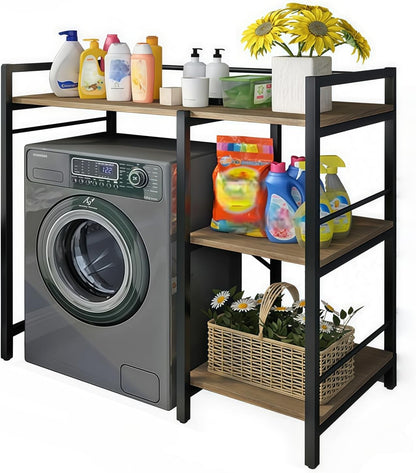 3-Tier Mini Fridge Stand with Storage Multi-Purpose Washing Machine Shelf Over The Washer Storage Shelf Utility Over Washer and Dryer Shelves for Kitchen, Laundry Room (Black+Brown)