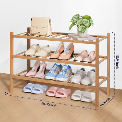 Kitsure Bamboo Wooden Shoe Rack for Closet - Stackable Shoe Organizer with Modular Structure, Space-Saving Shoe Shelf for Entryway, Living Room, Bedroom, 26.8" x 11" x 18.9", Natural