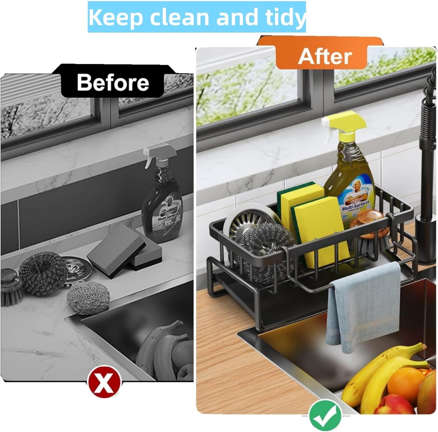 Sponge Holder for Kitchen Sink, Kitchen Sink Caddy Rustproof 304 Stainless Steel Dish Sponge Organizer with Detachable Dishcloth Rack Bathroom Organizer Dish Soap Dispenser Brush Holder Storage