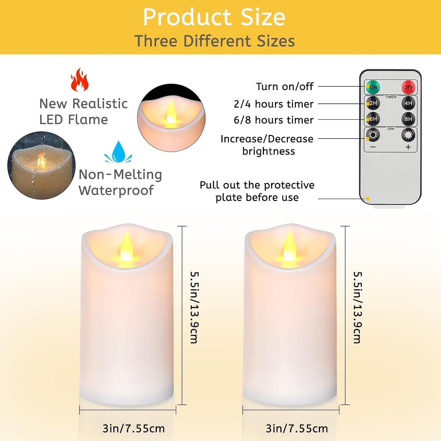 Flameless Candles 4" 5" 6" Set of 3 Ivory Outdoor Indoor Pillars 3" Diameter Battery Operated Flickering Candles Include 10-Key Remote Timer Function 400+ Hours Requires 2 AA Batteries（3 Pack)